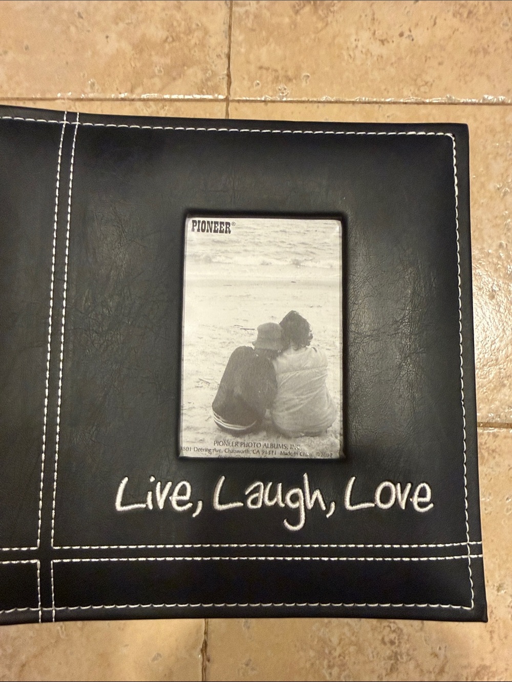 Black Photo Album with White Stitching and Script
